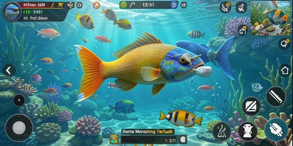 Screenshot 34R menampilkan momen lengkap pemain memancing dengan latar belakang yang indah.