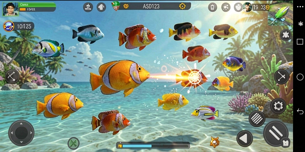Menggambarkan gameplay seru dalam game Tembak Ikan ASD123.