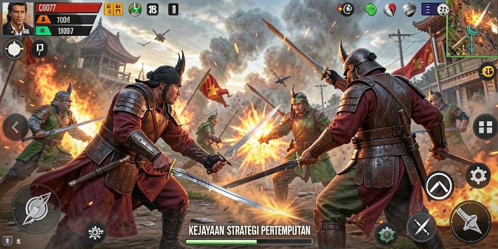 Tangkapan layar utama C0077 menunjukkan aksi pertempuran yang dinamis.
