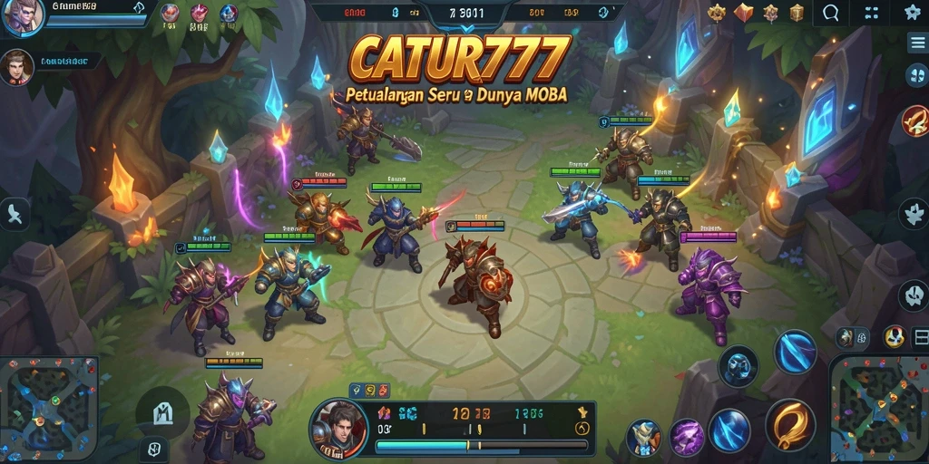 Screenshot gameplay <strong>CATUR777</strong> menampilkan pertarungan seru dalam arena MOBA.