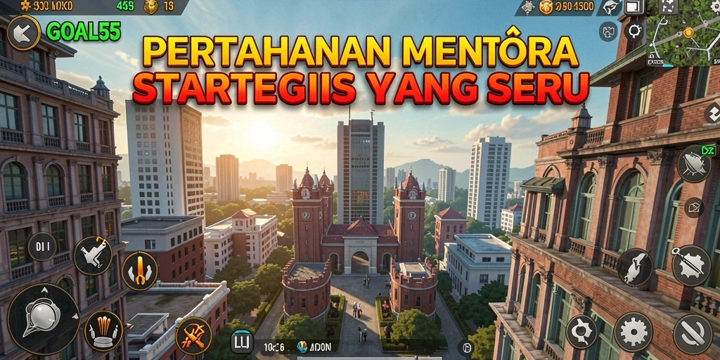 Screenshot gameplay menunjukkan menara dan gelombang musuh dalam GOAL55.