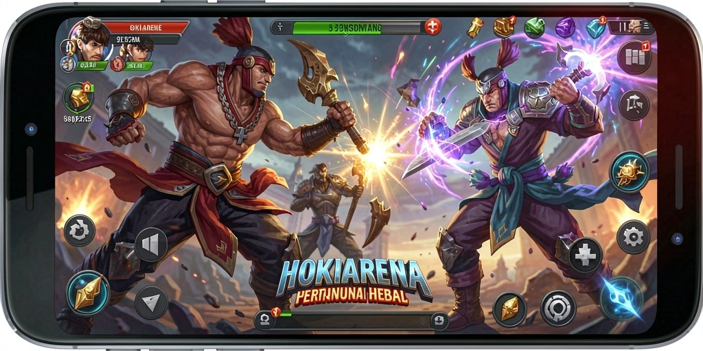 Gameplay seru HOKIARENA dengan karakter bertarung yang epik.