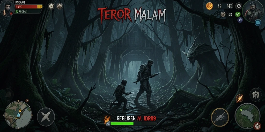 Screenshot menampilkan karakter utama dalam kegelapan hutan yang mencekam.