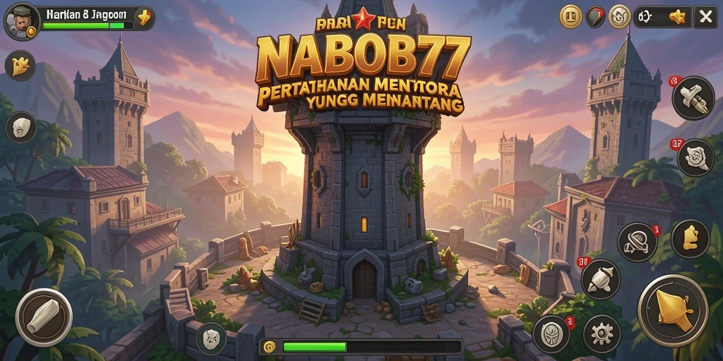 Screenshot utama NABOB77 menampilkan aksi seru dalam pertahanan menara.