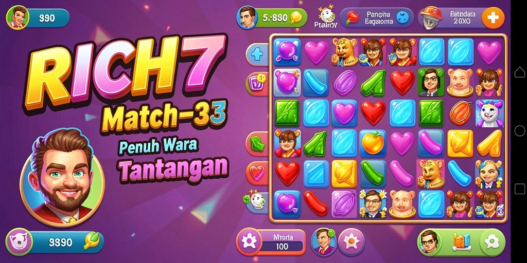Tampilan gameplay RICH7 yang penuh warna dan tantangan Match-3.