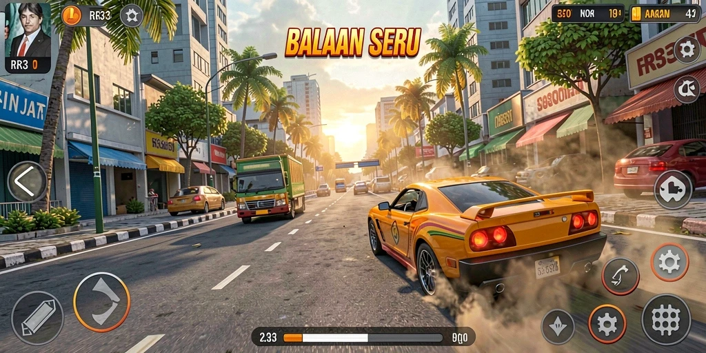 Tampilan gameplay RR33 yang penuh aksi dan kecepatan balapan.