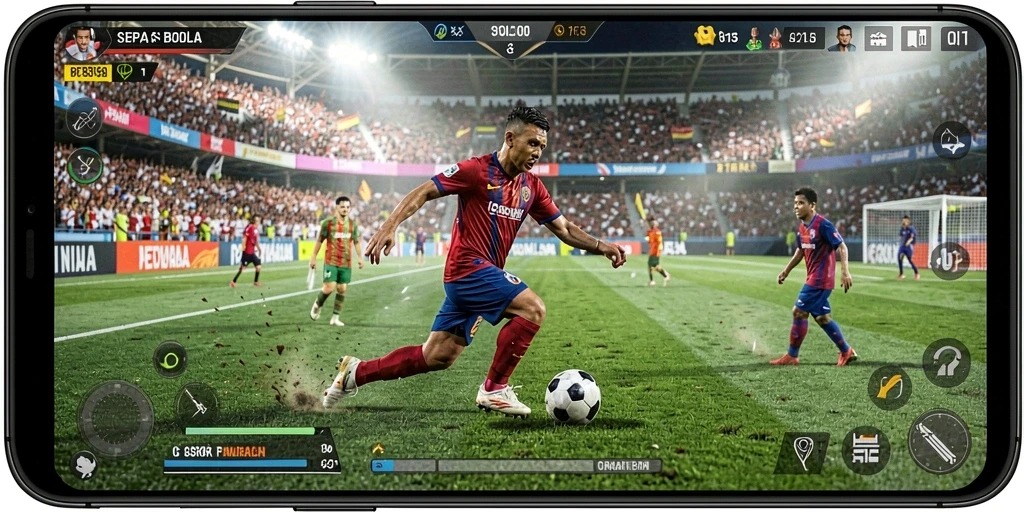 Screenshot gameplay S13 dengan aksi sepak bola yang intens.