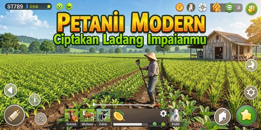 Screenshot gameplay ST789 yang menunjukkan aktivitas pertanian yang seru dan interaktif.