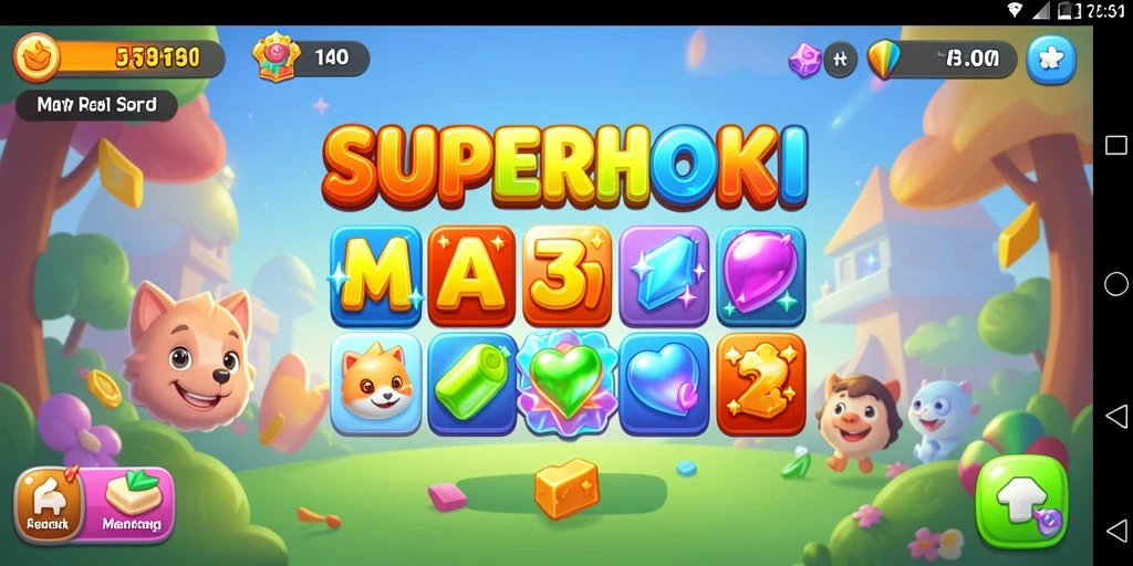 Tangkapan layar gameplay SUPERHOKI dengan batu permata berwarna-warni.